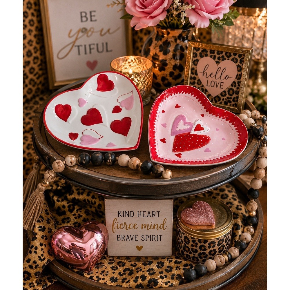 Lot of 2 Heart Shaped Ceramic Candy‎ Dishes HausenWare Love VTines Trinket Bowls